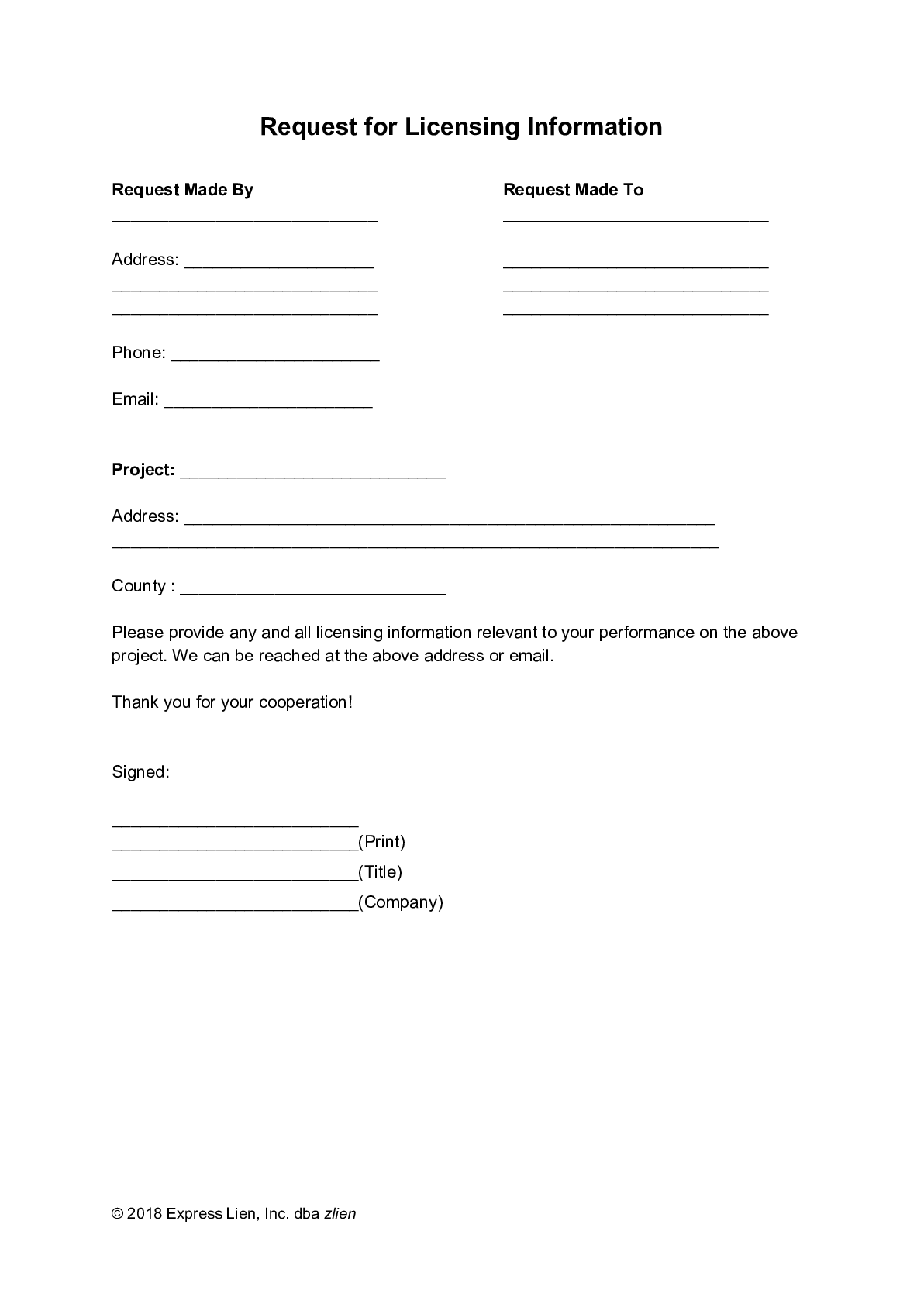 Request for Licensing Information Form